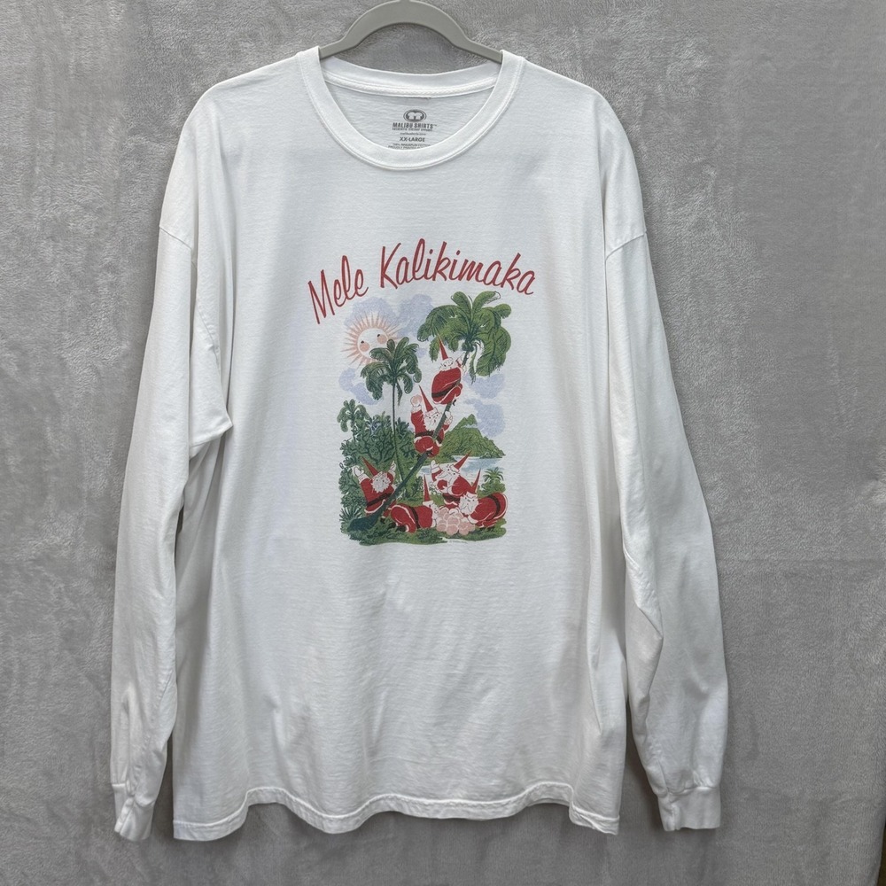 Malibu Shirts Shirt‎ Unisex XXL White Mele Kalikimaka Long Sleeve Santa Claus